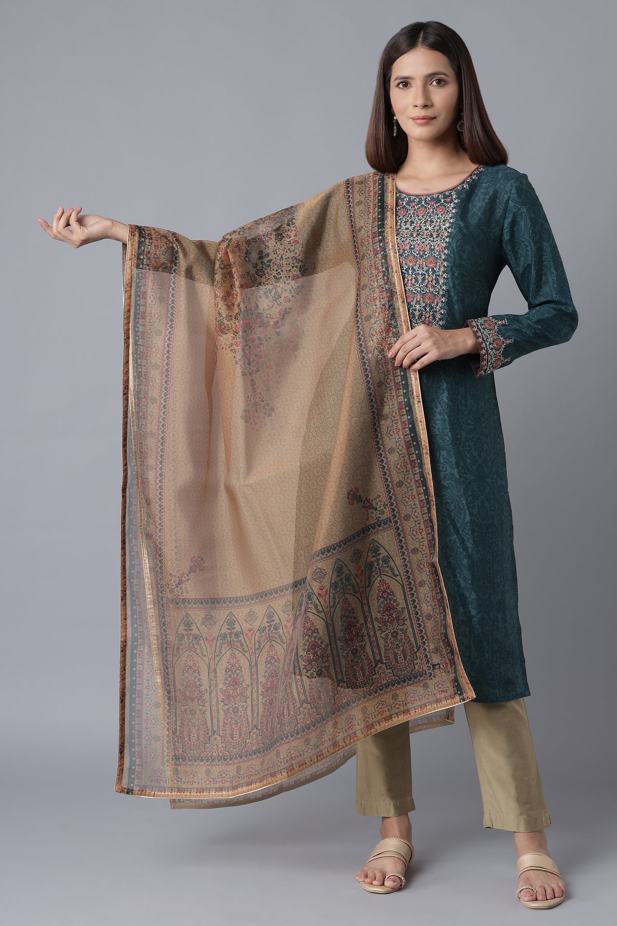 Mustard Floral Print Organza Dupatta - FS
