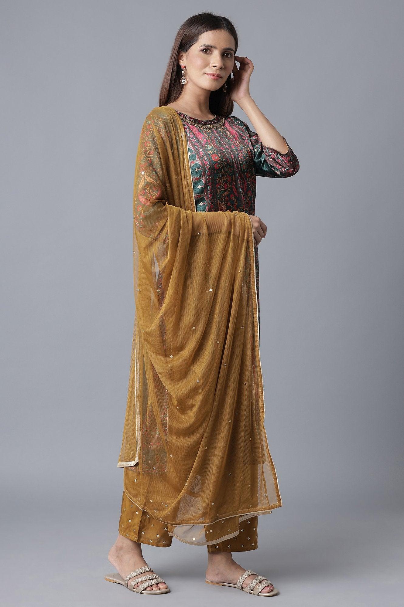 Green Panelled Satin kurta-Parallel Pants-Dupatta Set - wforwoman