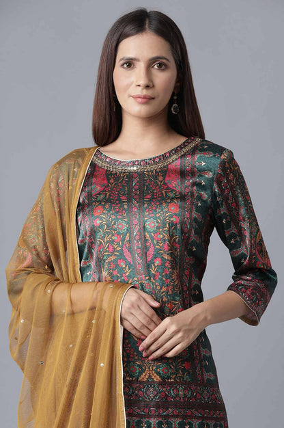 Green Panelled Satin kurta-Parallel Pants-Dupatta Set - wforwoman