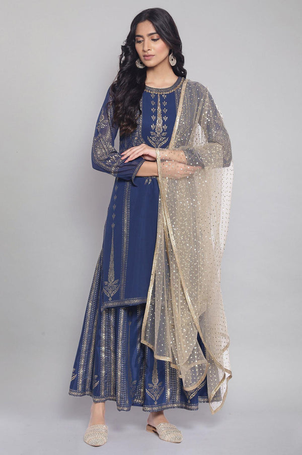 Navy Blue Floral Print kurta-Sharara-Dupatta Set