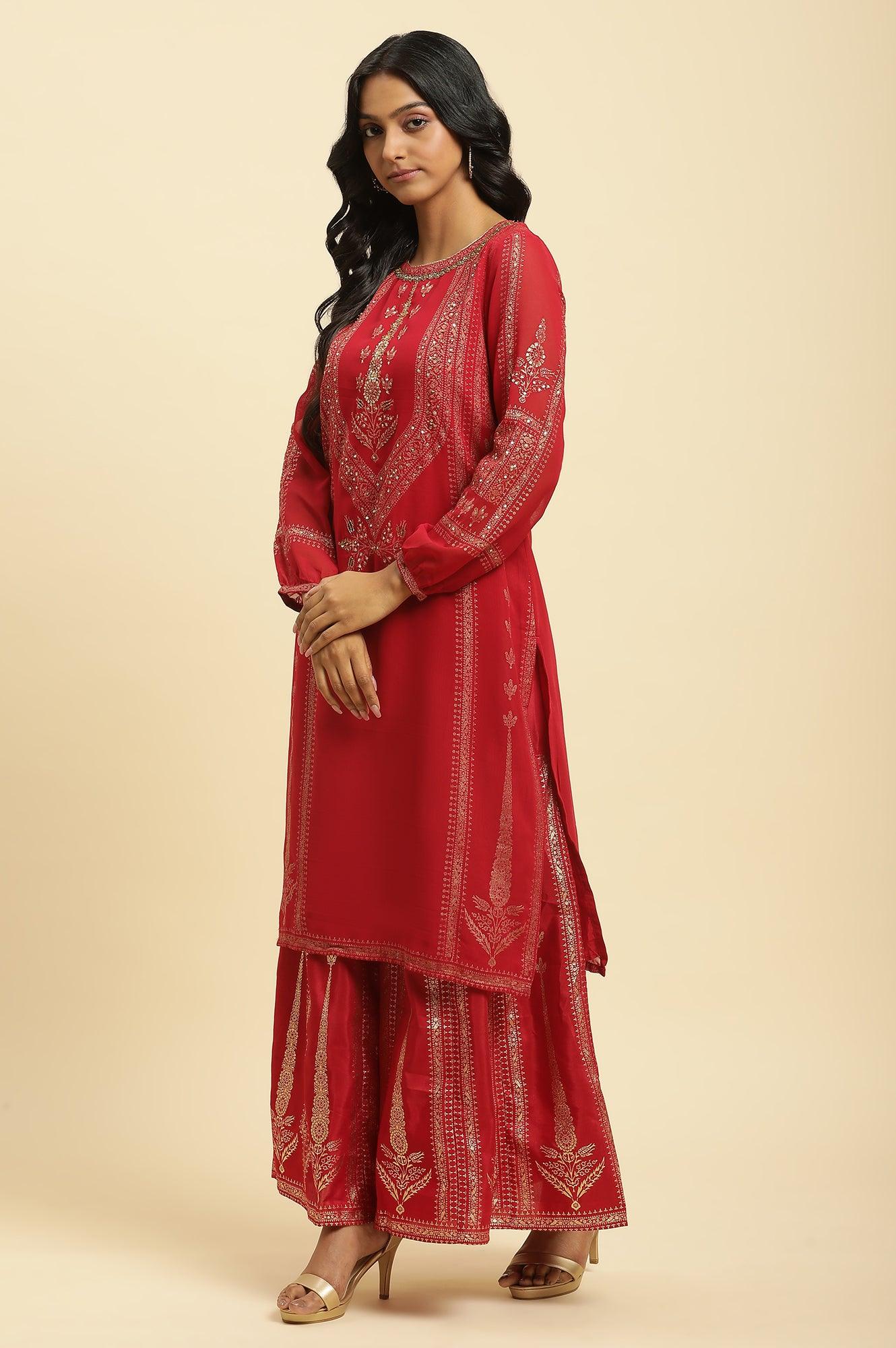 Red Floral Print Kurta-Sharara-Dupatta Set - wforwoman