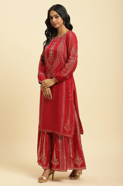 Red Floral Print Kurta-Sharara-Dupatta Set - wforwoman