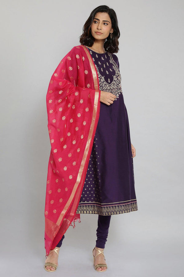 Purple Embroidered Panelled kurta-Churidars- Dupatta Set