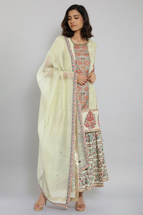 Light Green Floral Print kurta-Sharara-Dupatta Set