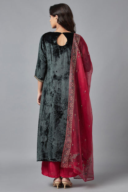 Dark Green Velvet kurta-Parallel Pant-Dupatta Set - wforwoman