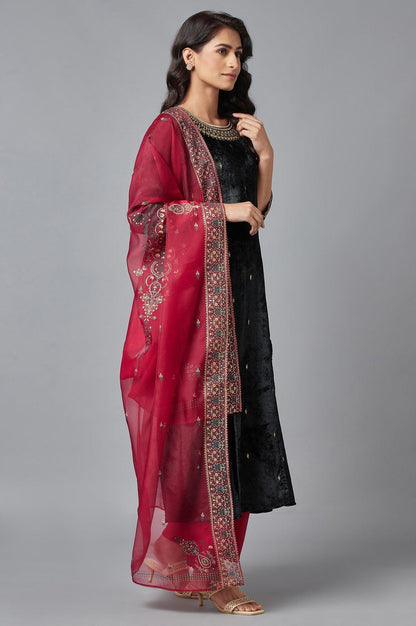 Dark Green Velvet kurta-Parallel Pant-Dupatta Set - wforwoman