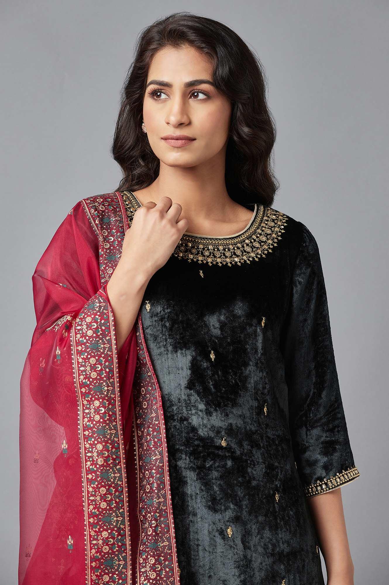 Dark Green Velvet kurta-Parallel Pant-Dupatta Set - wforwoman