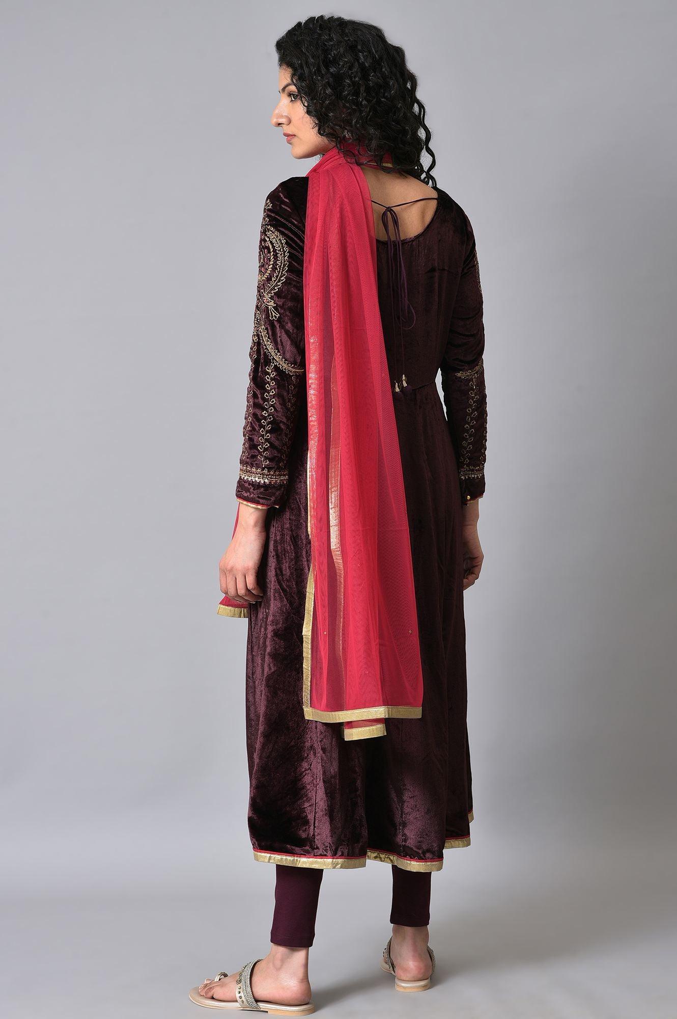 Purple Velvet Anarkali-Tights-Dupatta Set - wforwoman