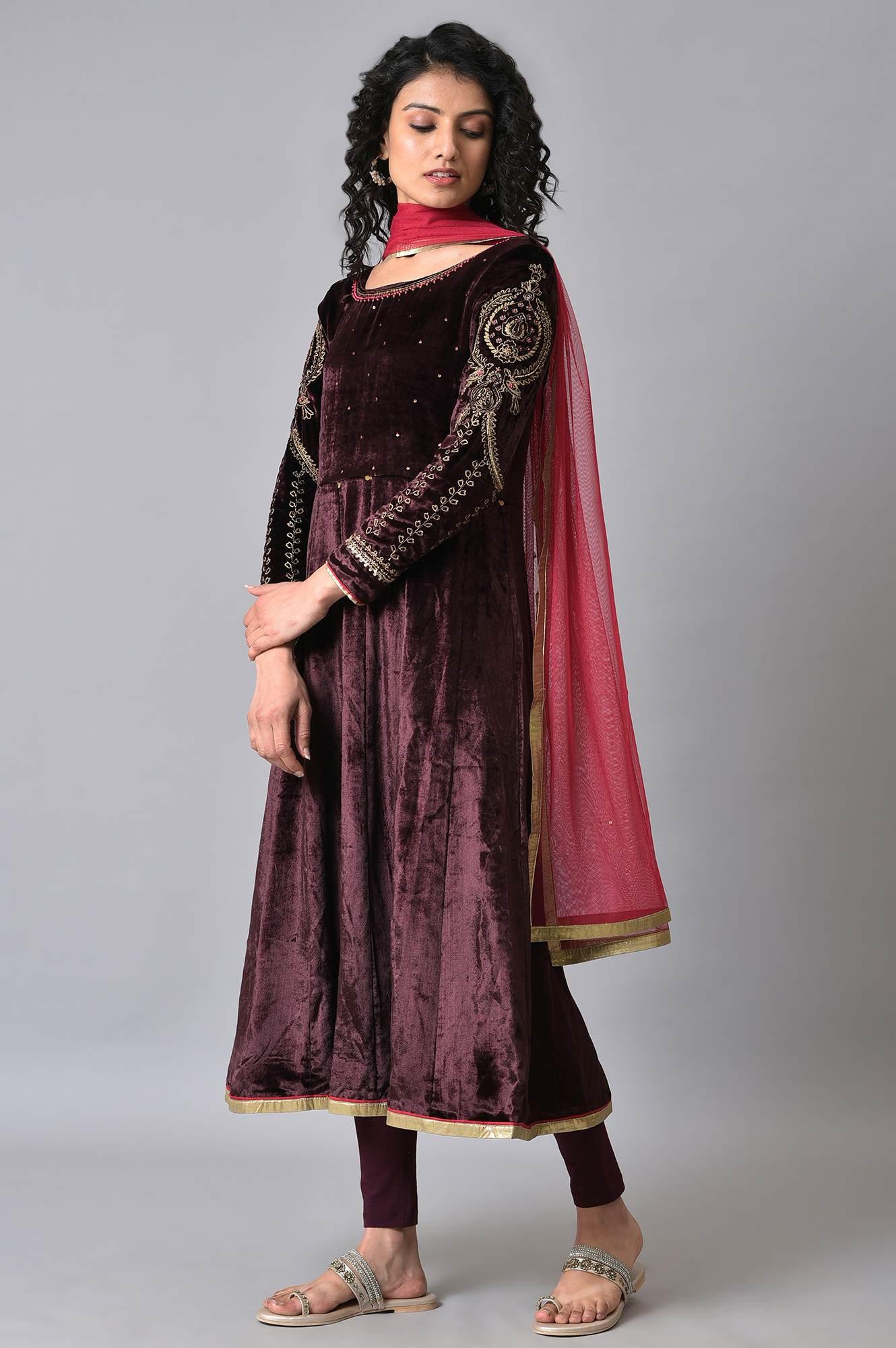 Purple Velvet Anarkali-Tights-Dupatta Set - wforwoman