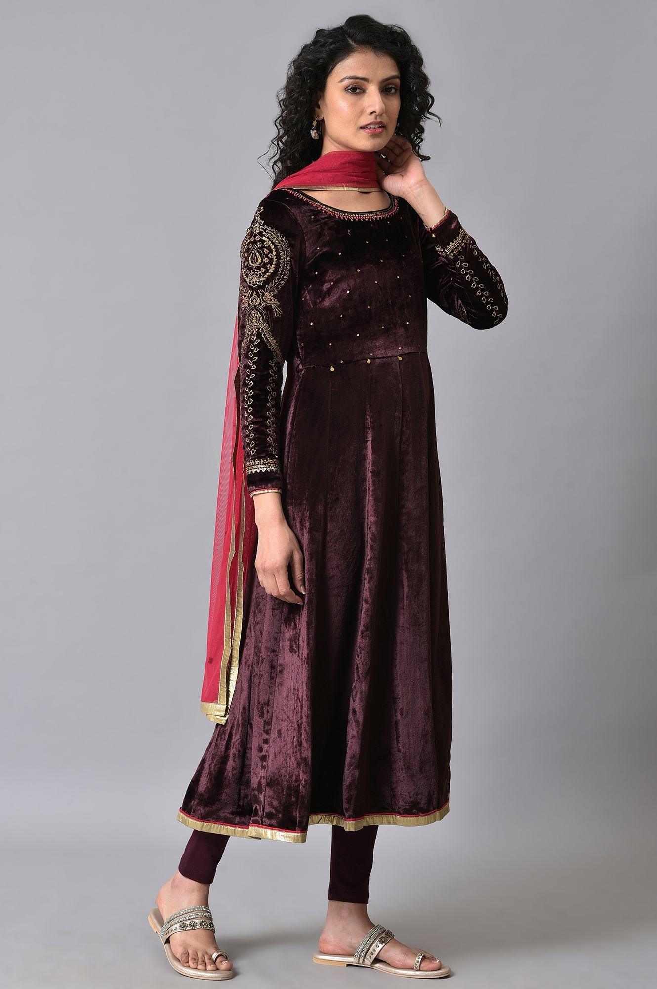 Purple Velvet Anarkali-Tights-Dupatta Set - wforwoman