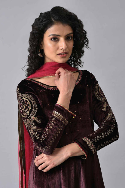 Purple Velvet Anarkali-Tights-Dupatta Set - wforwoman