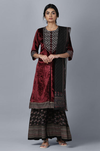 Dark Red Velvet kurta Sharara Dupatta Set - wforwoman