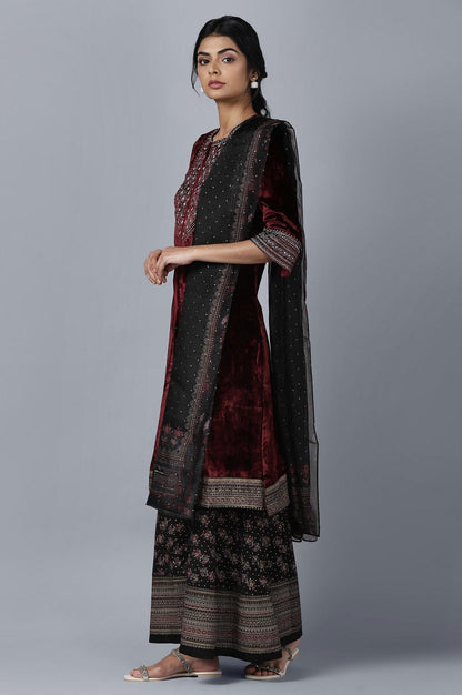 Dark Red Velvet kurta Sharara Dupatta Set - wforwoman