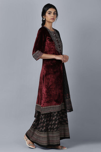 Dark Red Velvet kurta Sharara Dupatta Set - wforwoman