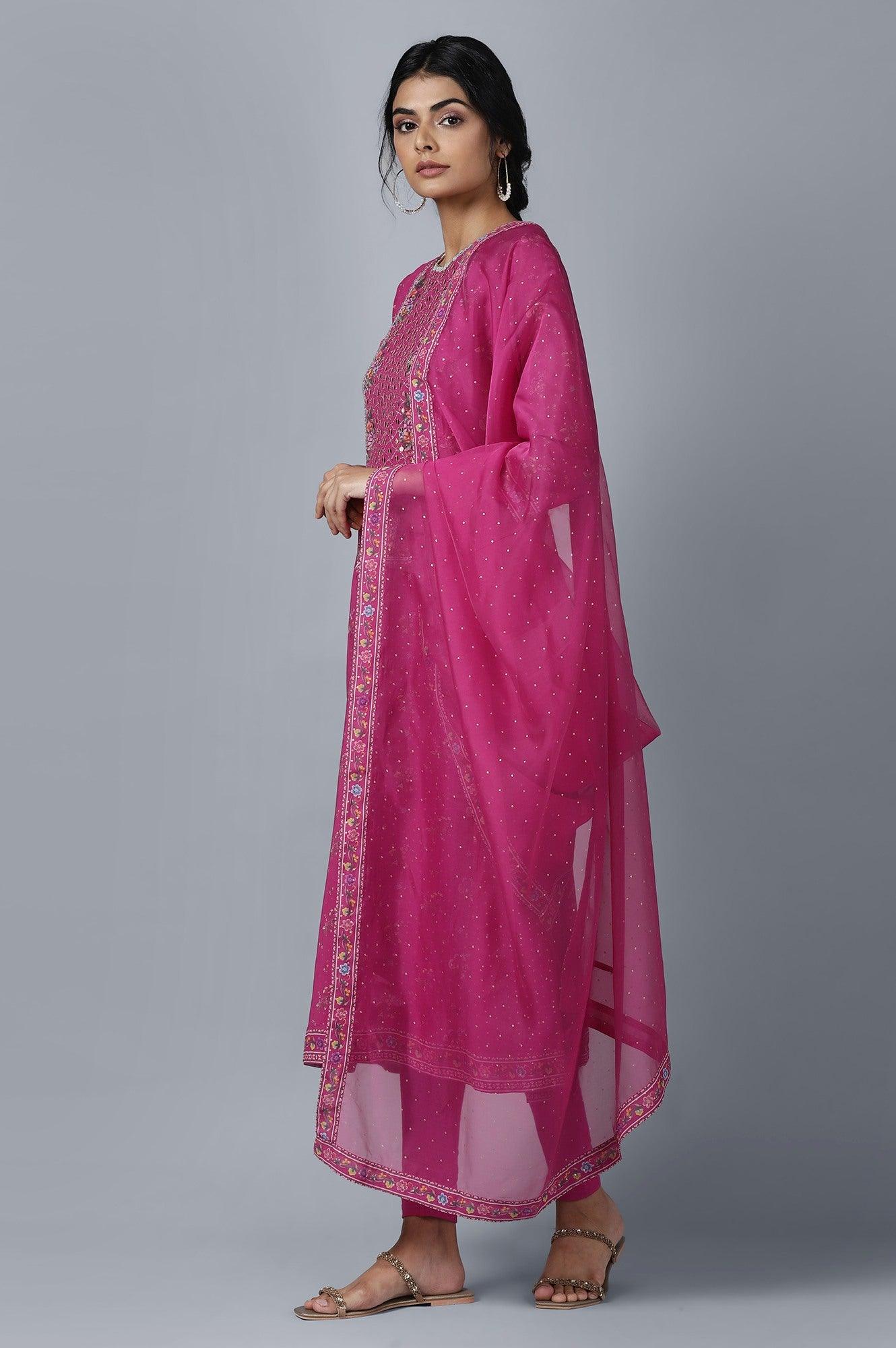 Dark Pink kurta Tights Dupatta Set - wforwoman