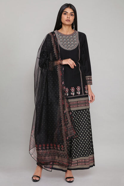 Black Short kurta Parallel Pants Dupatta Set - wforwoman
