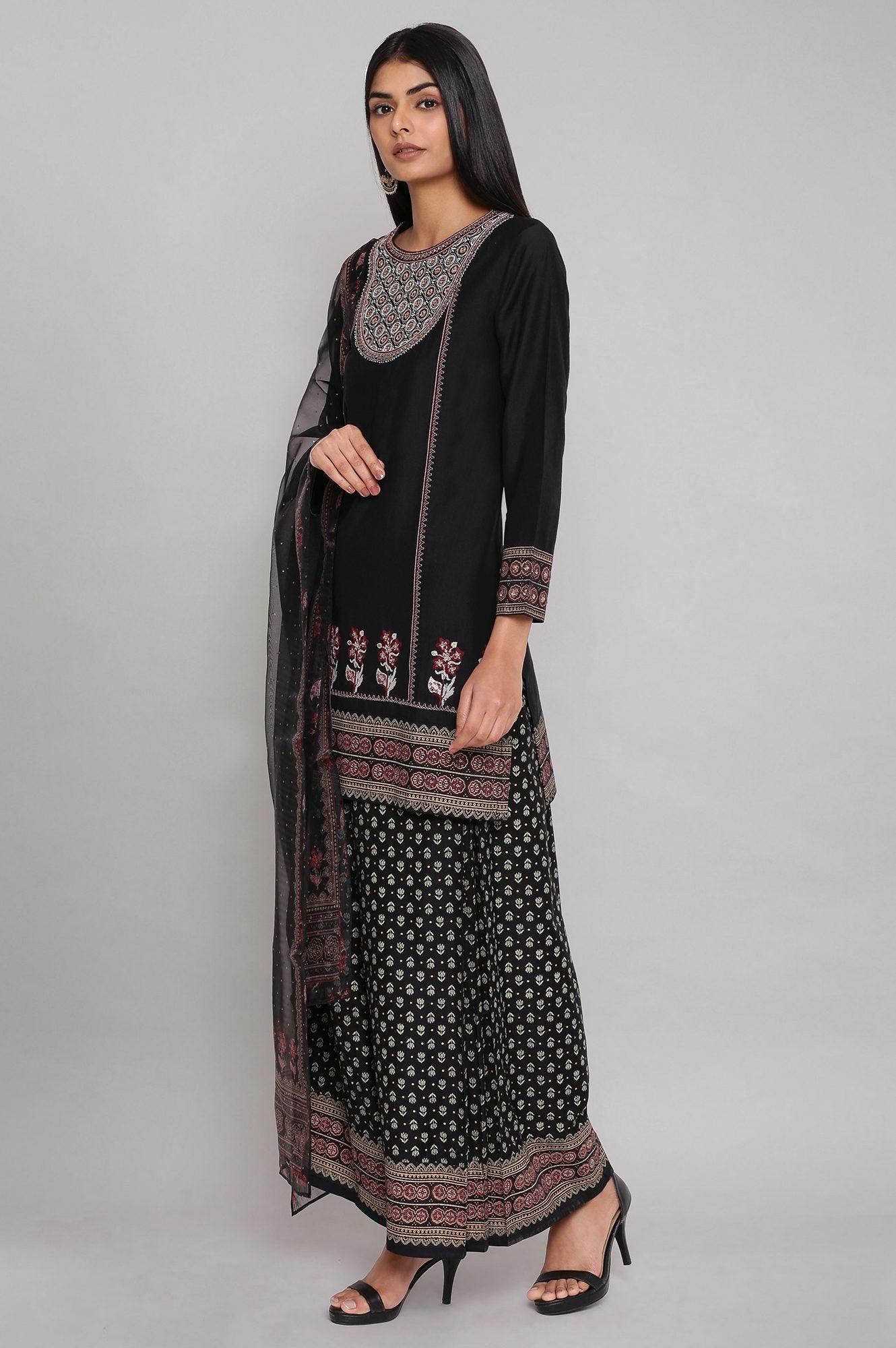 Black Short kurta Parallel Pants Dupatta Set - wforwoman