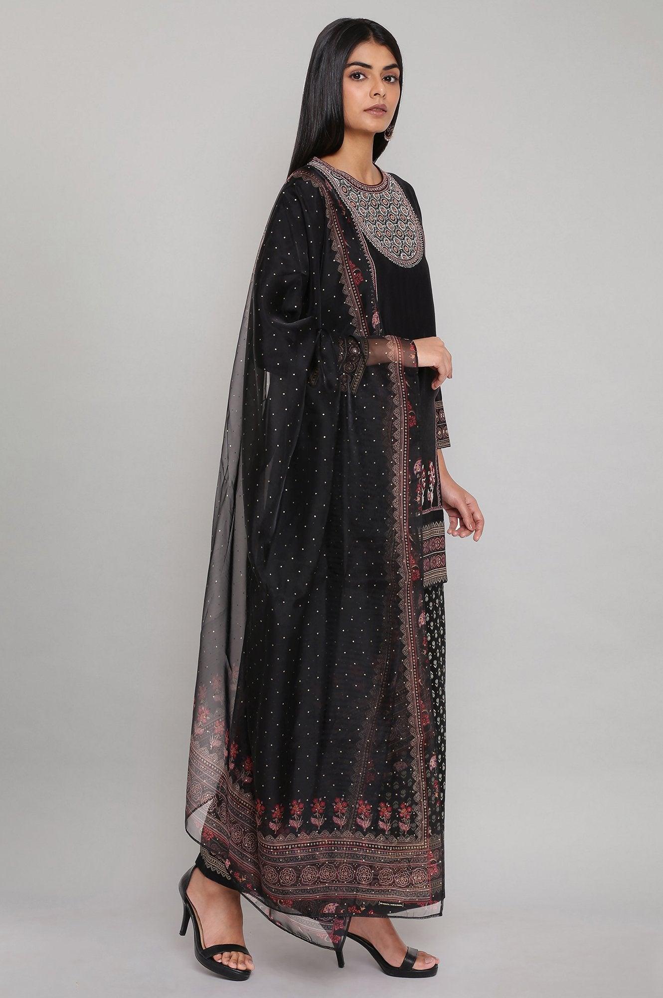 Black Short kurta Parallel Pants Dupatta Set - wforwoman