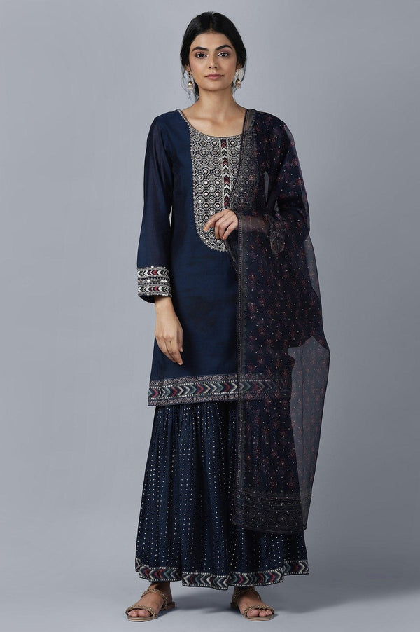 Dark Blue Short kurta Sharara Dupatta Set