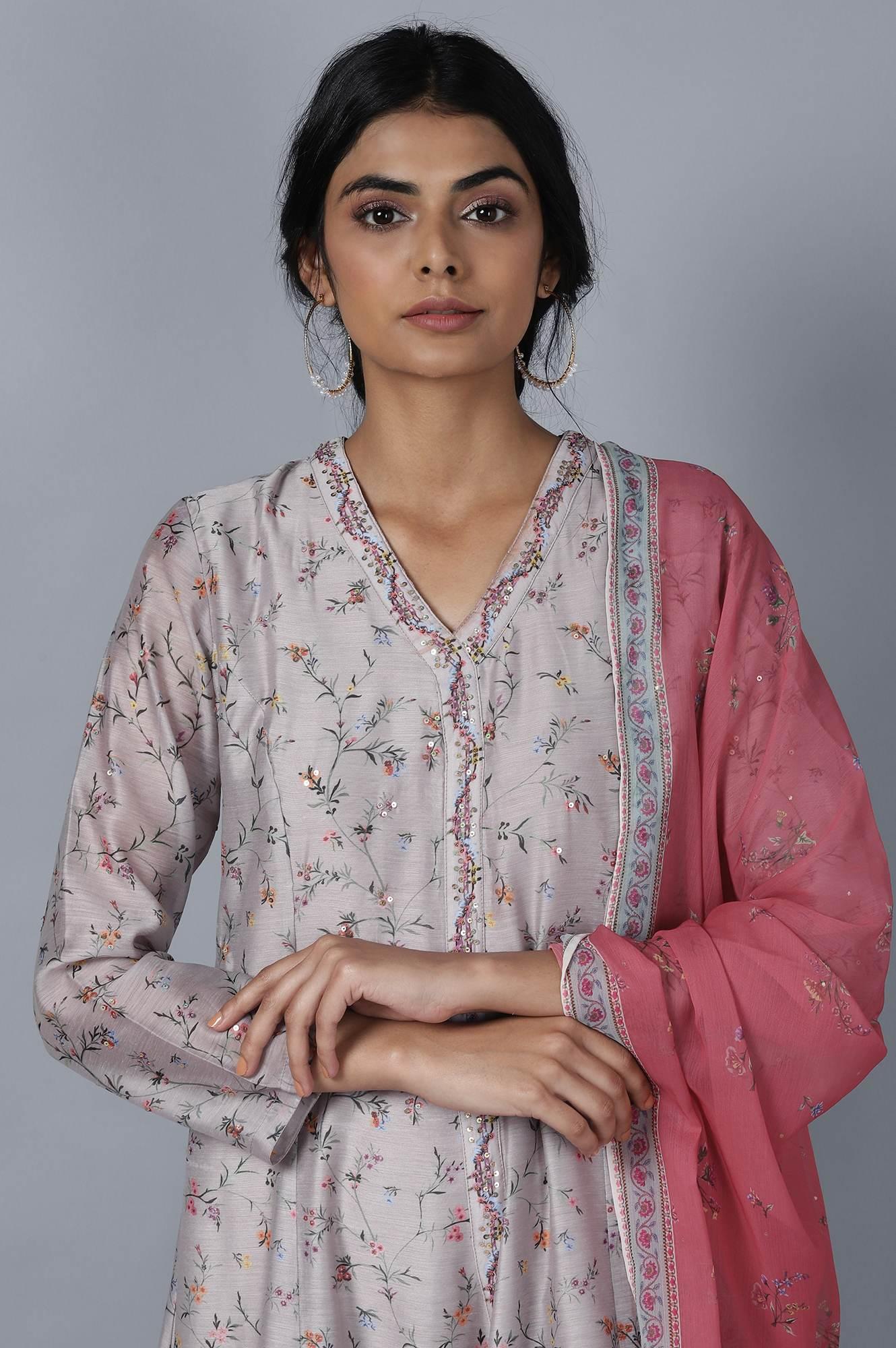 Light Grey kurta Slim Pants Dupatta Set - wforwoman