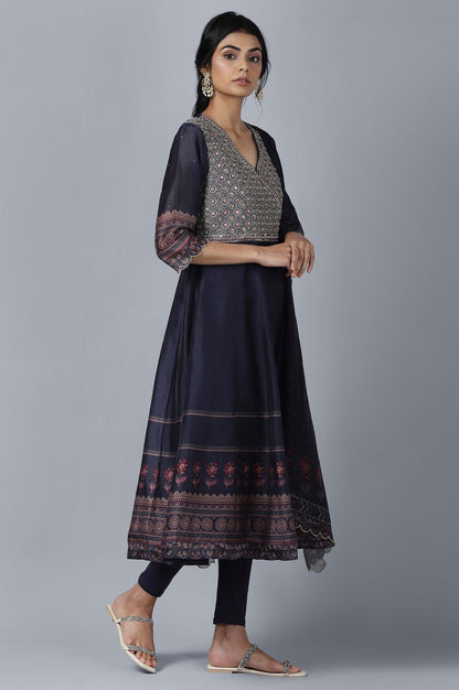 Dark Blue Anarkali kurta Tights Dupatta Set - wforwoman