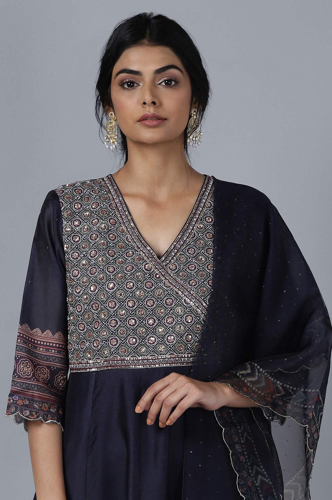 Dark Blue Anarkali kurta Tights Dupatta Set - wforwoman