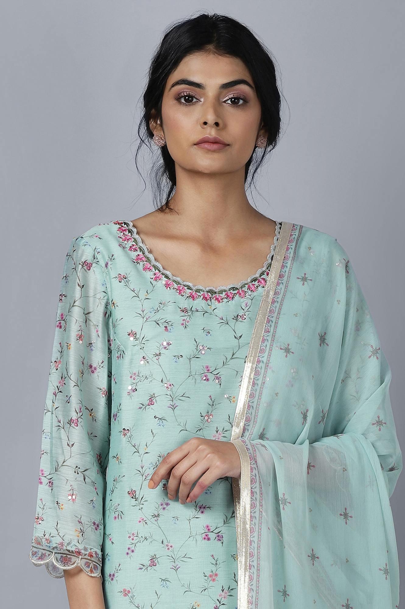 Light Blue kurta Slim Pants Dupatta Set - wforwoman