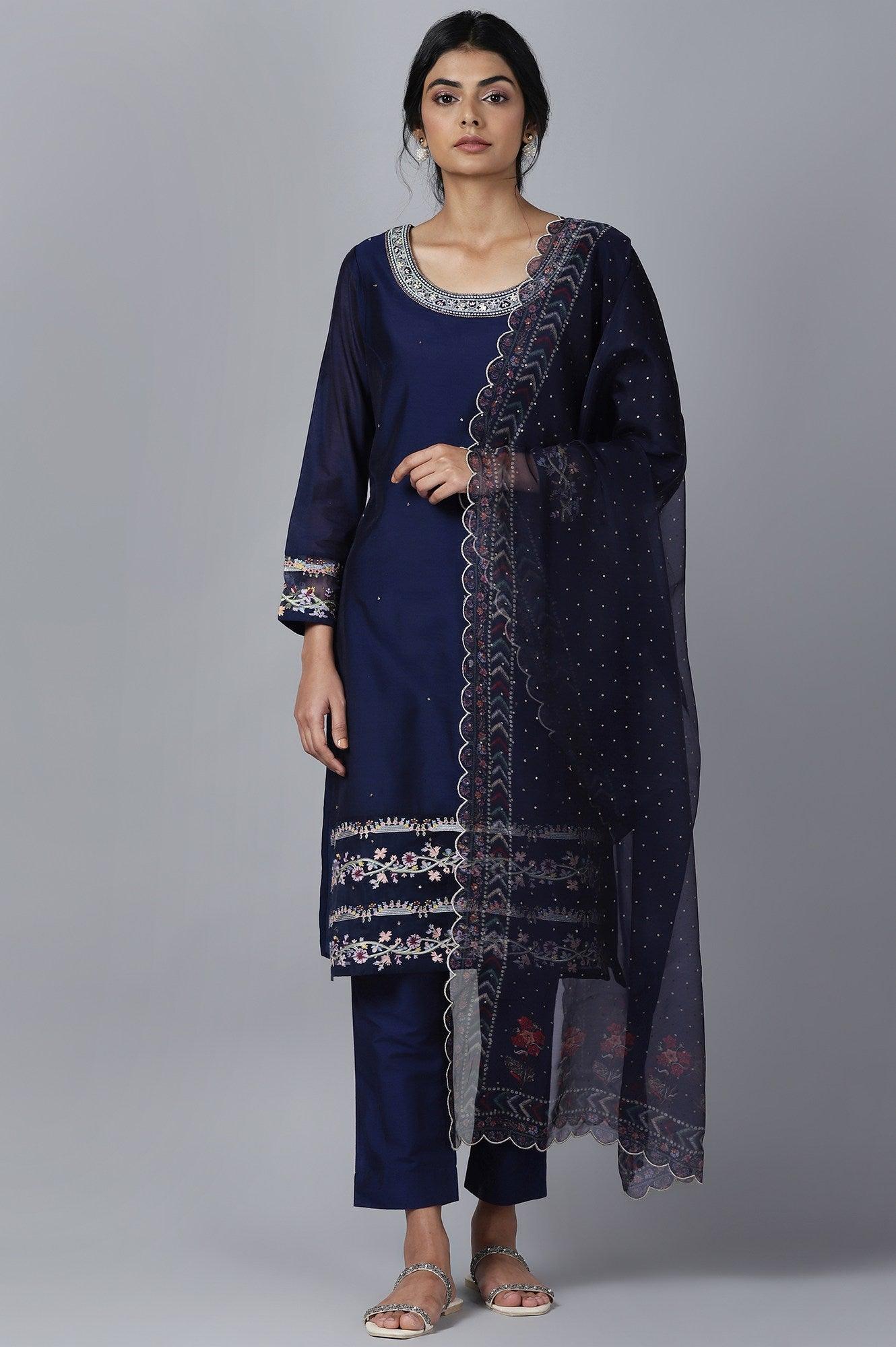Navy Blue kurta Slim Pants Dupatta Set - wforwoman