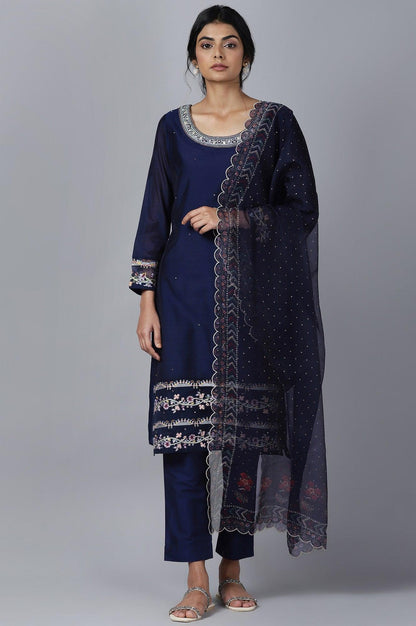 Navy Blue kurta Slim Pants Dupatta Set - wforwoman
