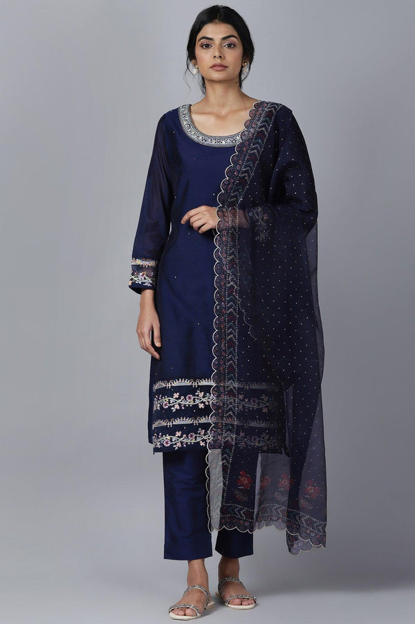 Navy Blue kurta Slim Pants Dupatta Set