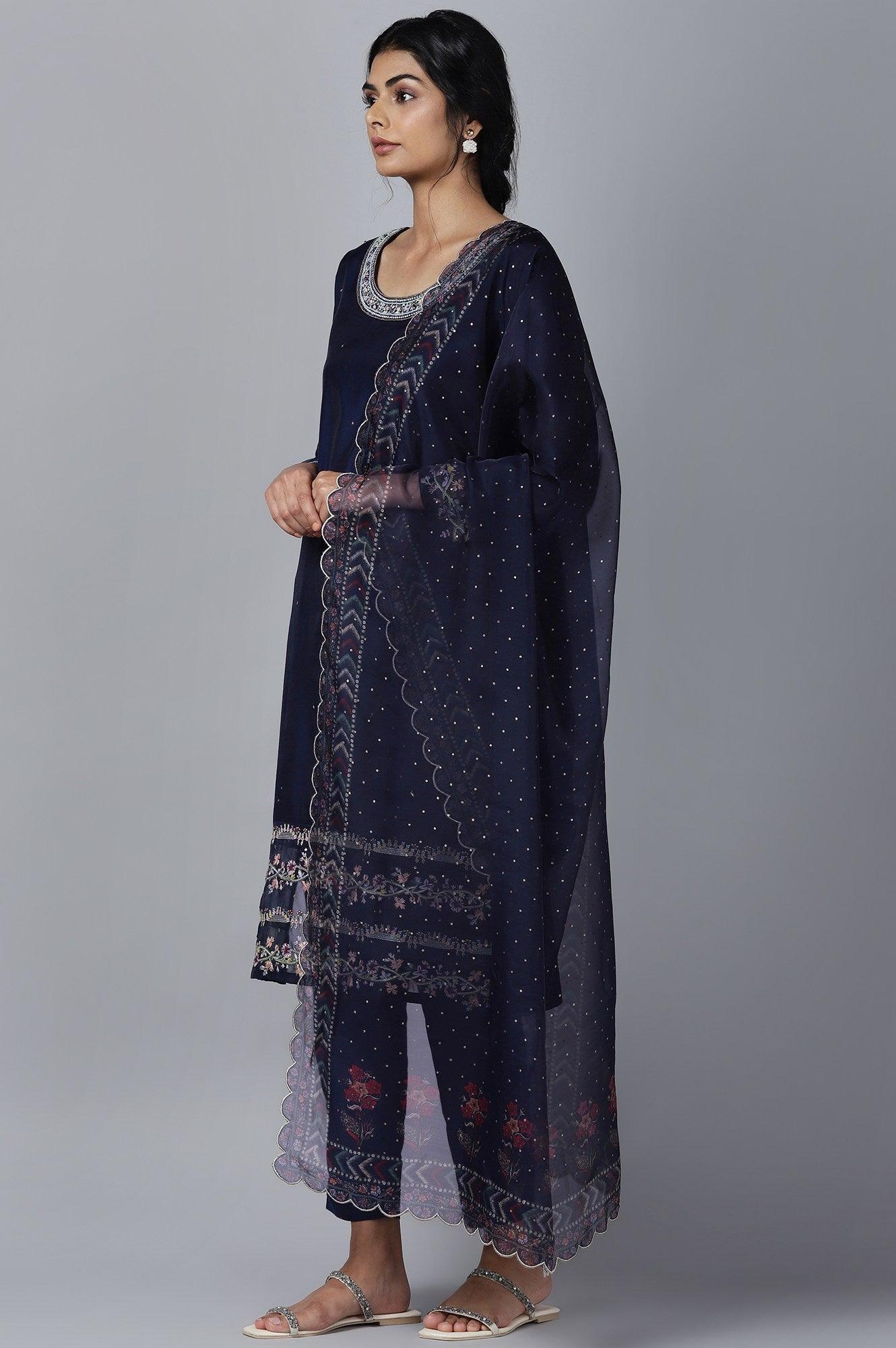 Navy Blue kurta Slim Pants Dupatta Set - wforwoman