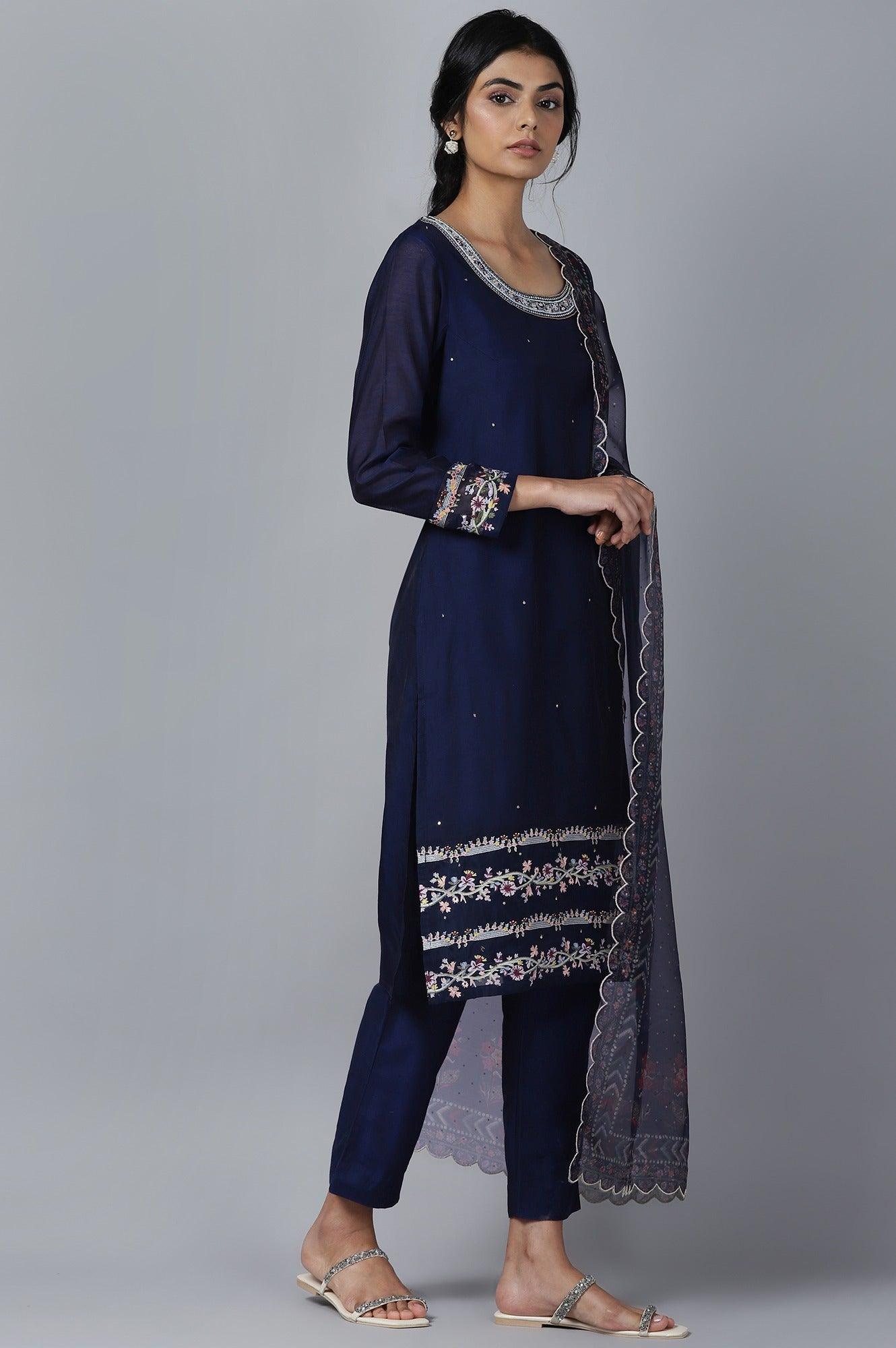 Navy Blue kurta Slim Pants Dupatta Set - wforwoman