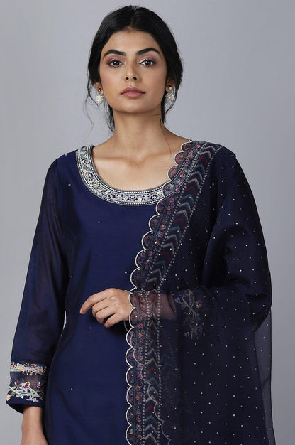 Navy Blue kurta Slim Pants Dupatta Set - wforwoman