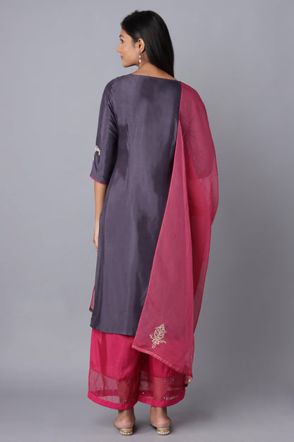 Dark Blue Embroidered kurta-Pink Parallel Pants-Dupatta - wforwoman