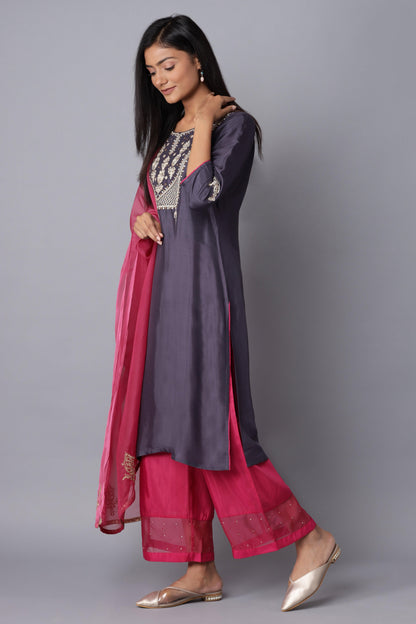 Dark Blue Embroidered kurta-Pink Parallel Pants-Dupatta - wforwoman