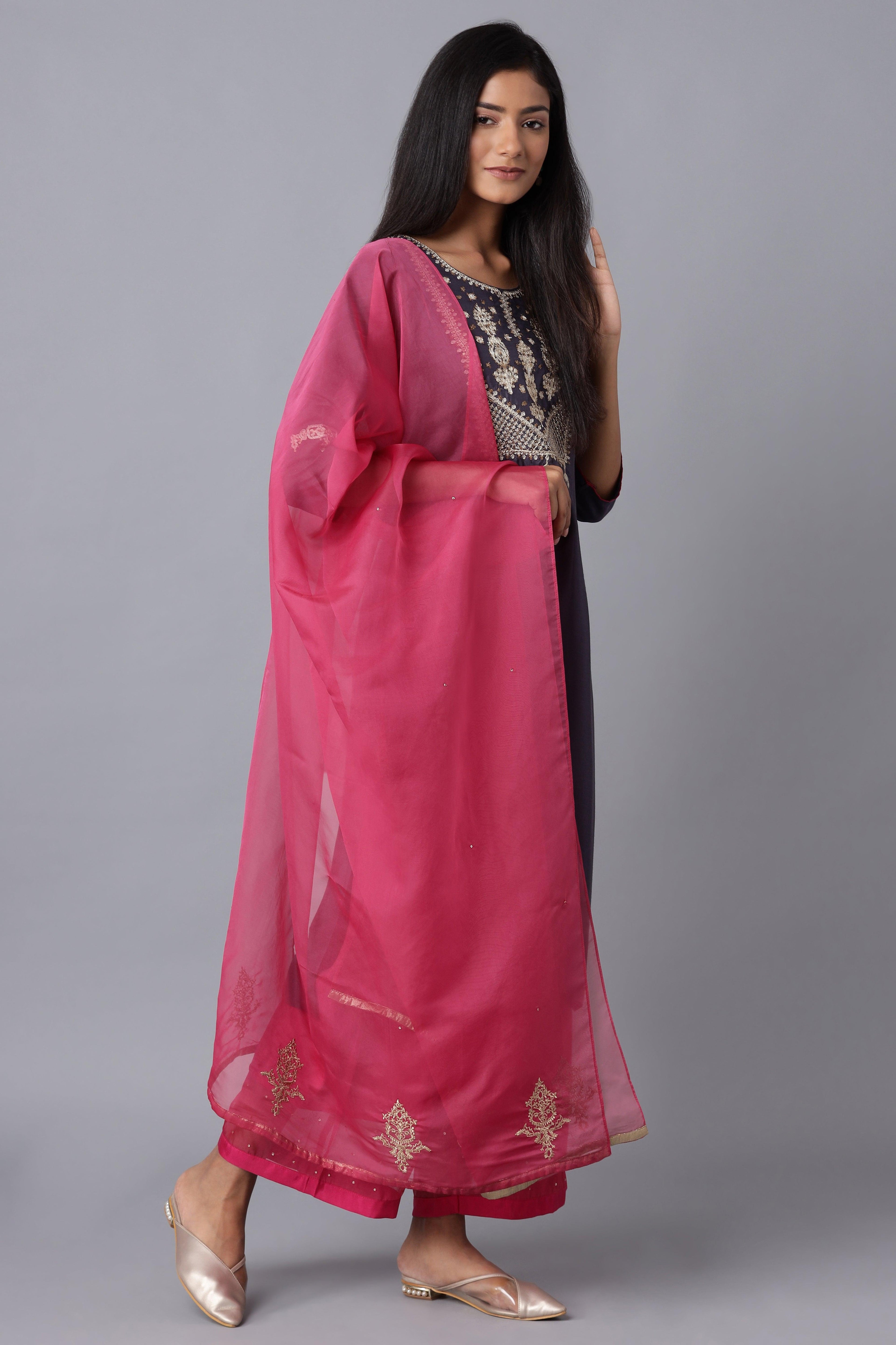 Dark Blue Embroidered kurta-Pink Parallel Pants-Dupatta - wforwoman