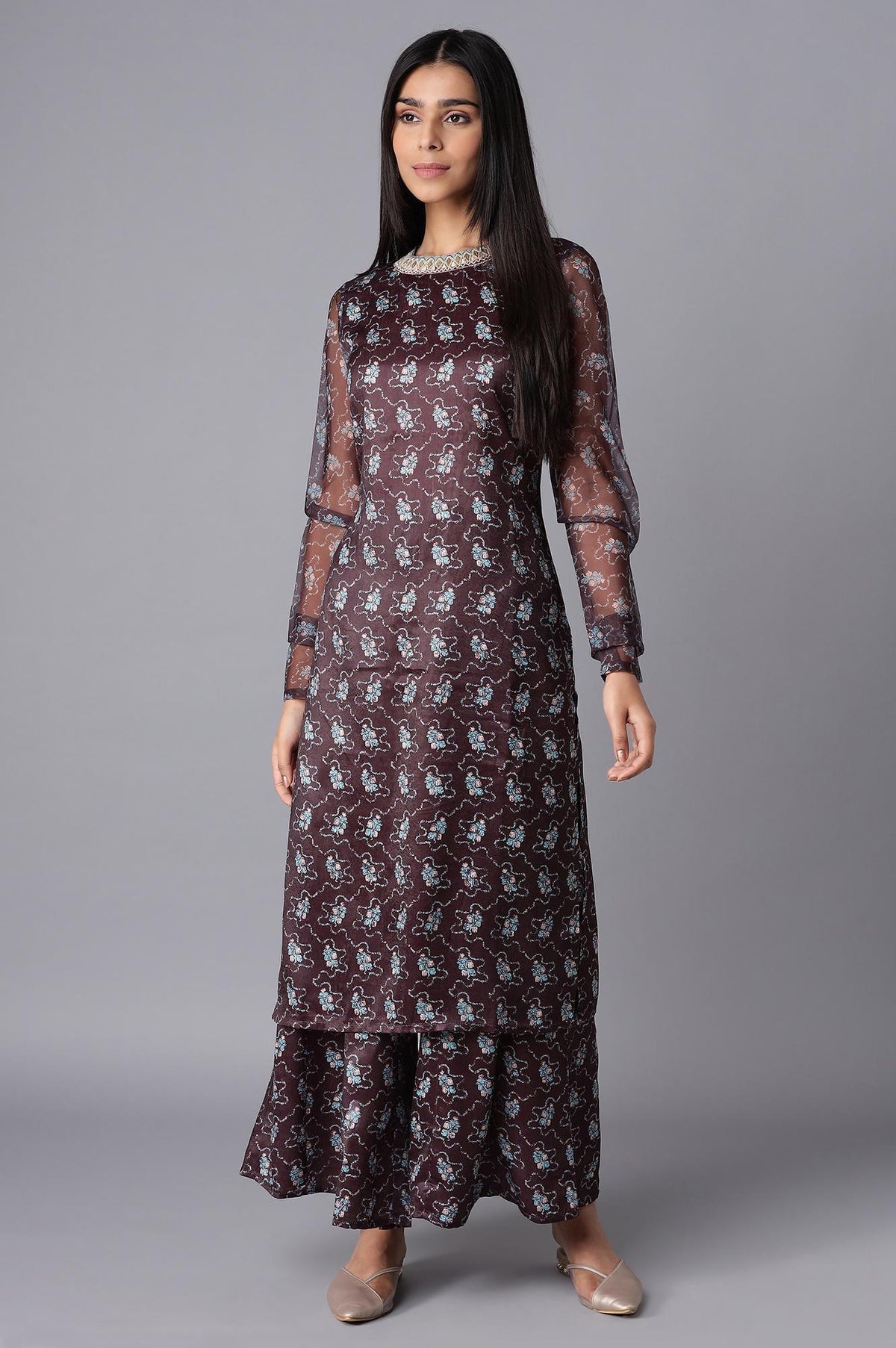 Dark Brown kurta-Flared Pant Set - 6