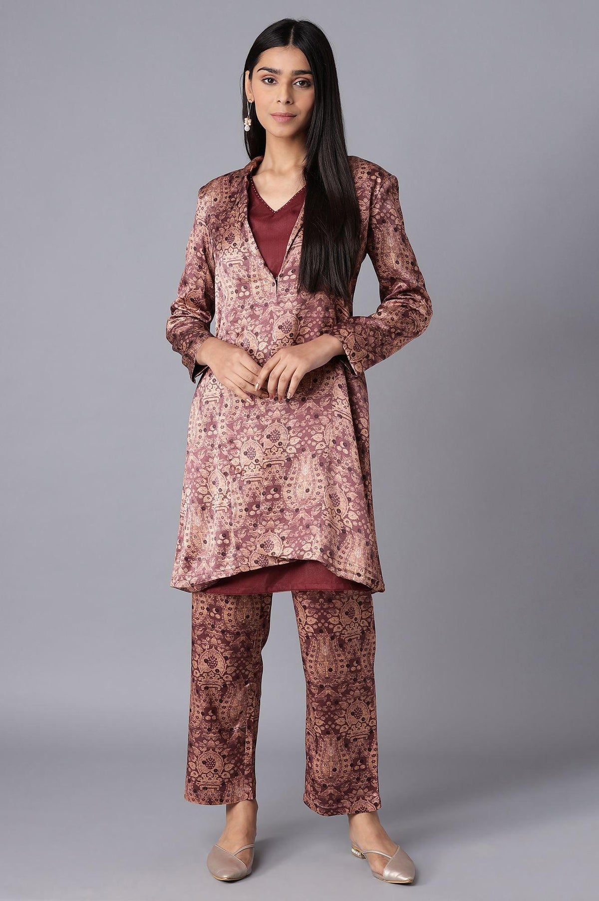 Dark Brown Pant Suit With kurta Set - XS