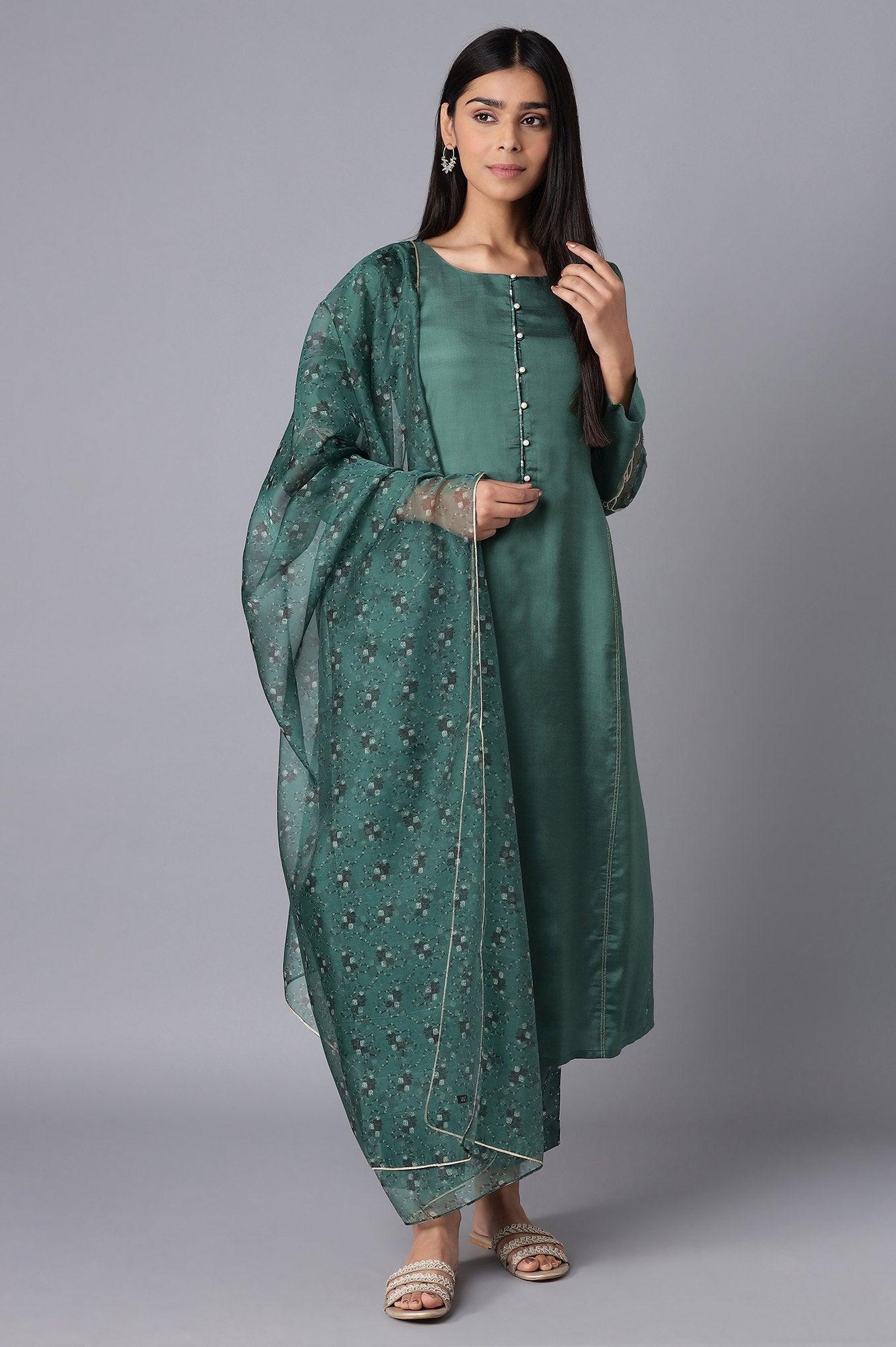 Green kurta-Slim Pant- Dupatta Set - wforwoman