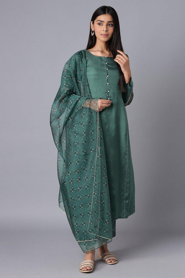 Green kurta-Slim Pant- Dupatta Set