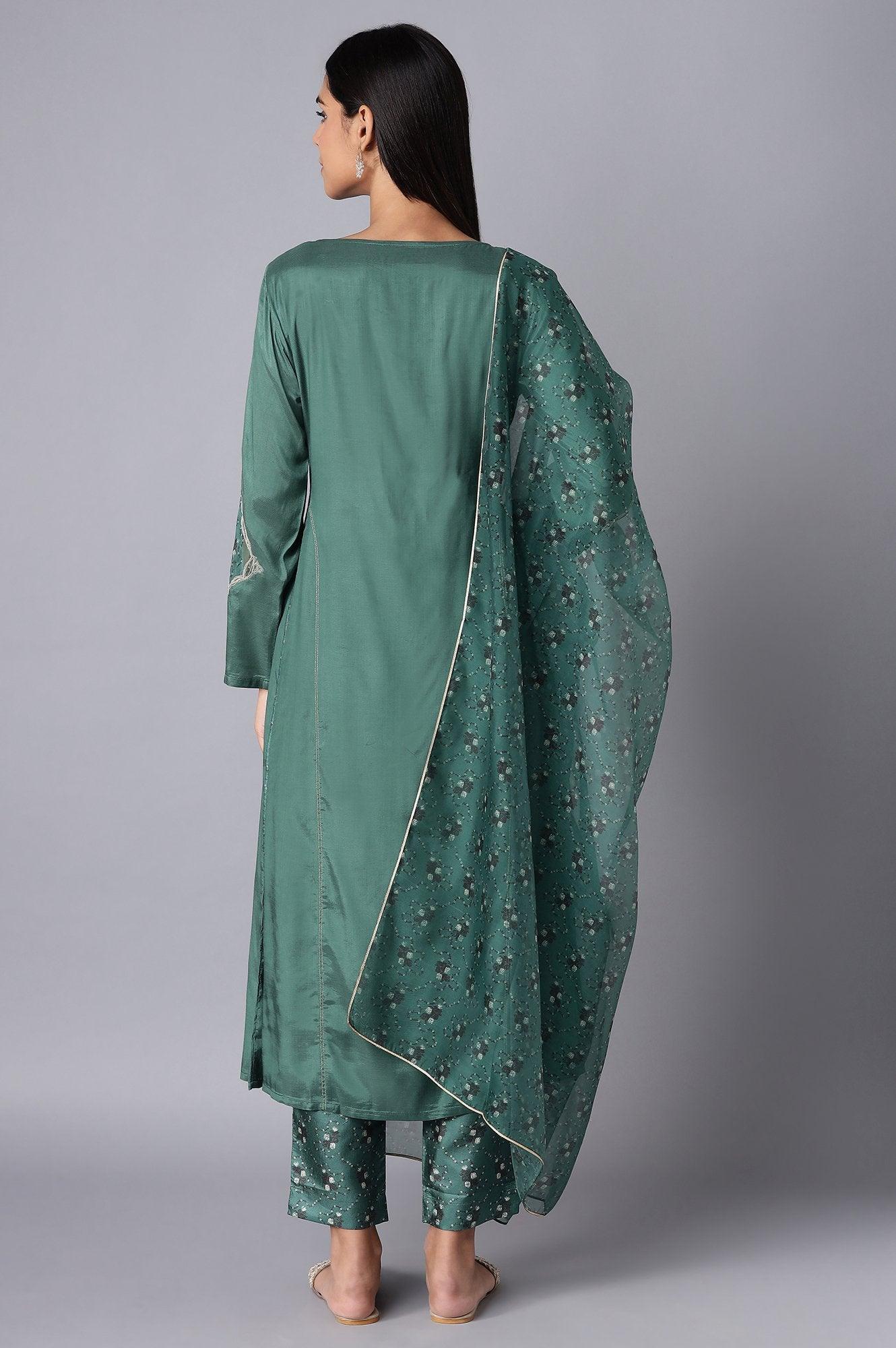 Green kurta-Slim Pant- Dupatta Set - wforwoman