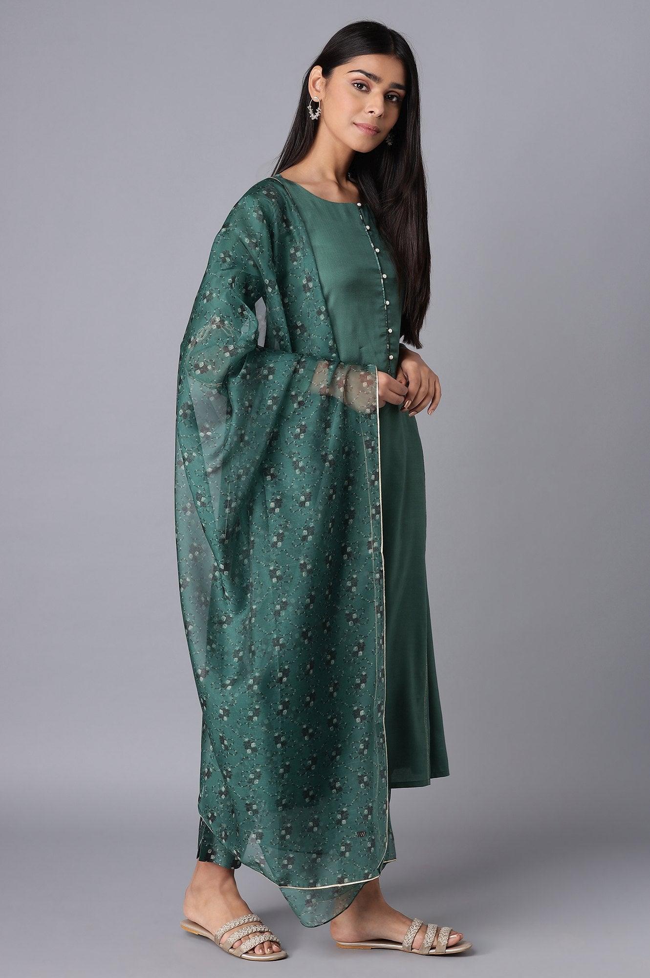 Green kurta-Slim Pant- Dupatta Set - wforwoman