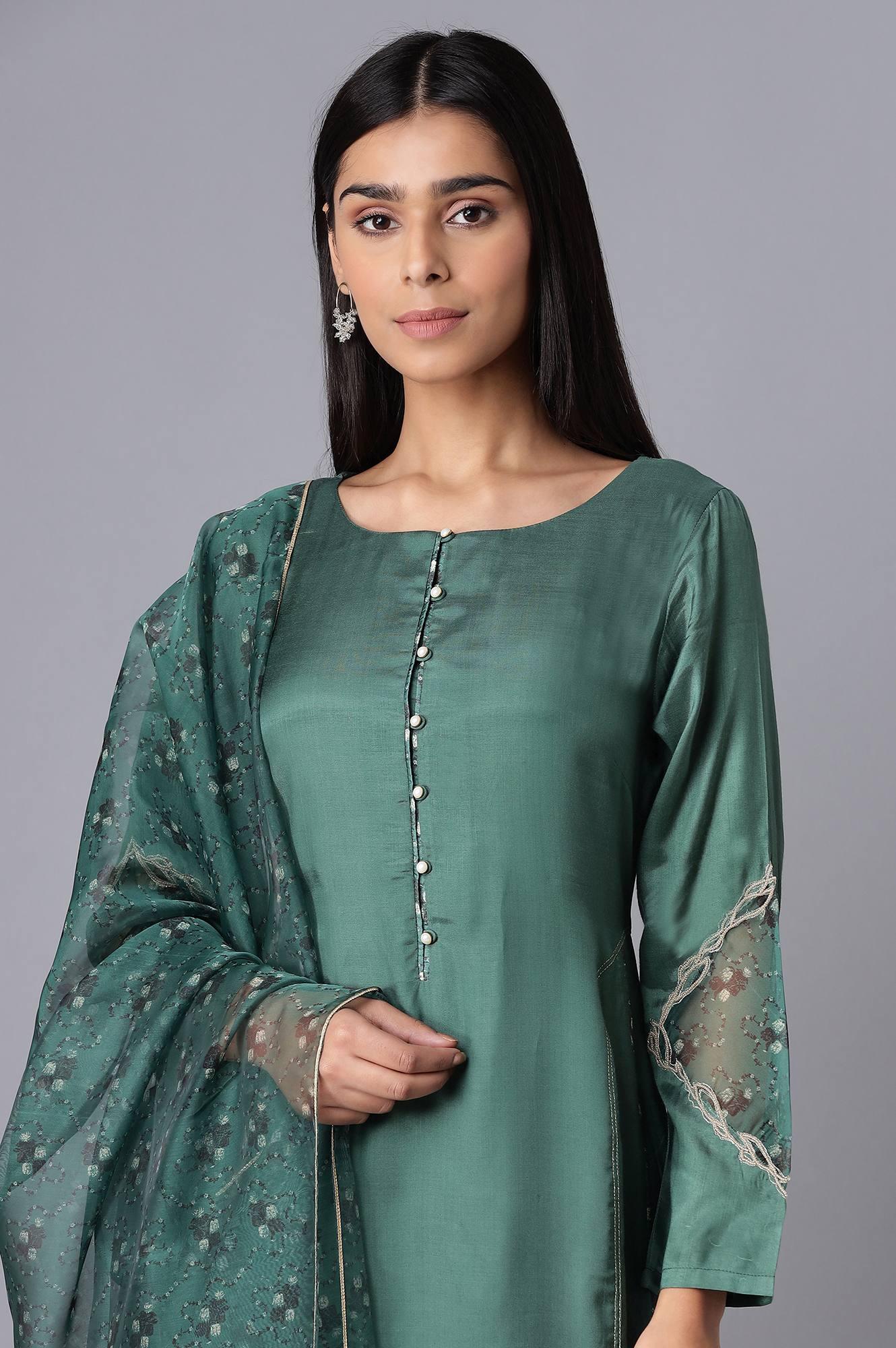 Green kurta-Slim Pant- Dupatta Set - wforwoman