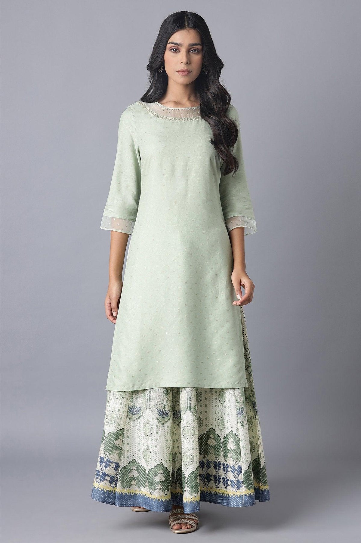 Sage Green Printed kurta with Organza Detail - XS