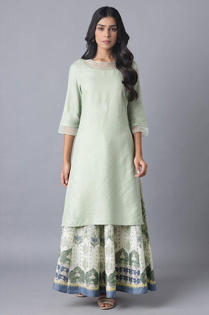 Sage Green Printed kurta with Organza Detail - wforwoman