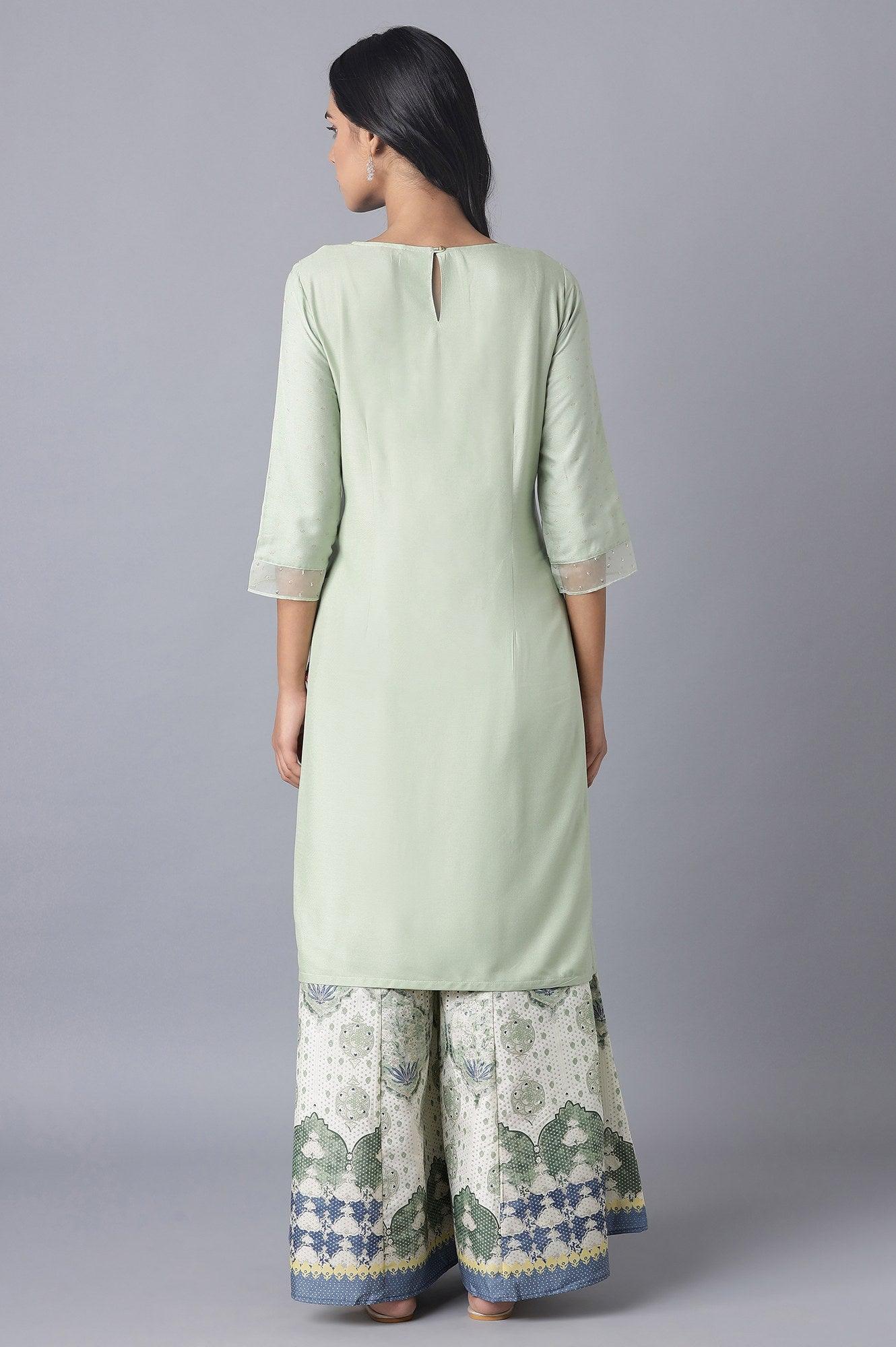 Sage Green Printed kurta with Organza Detail - wforwoman