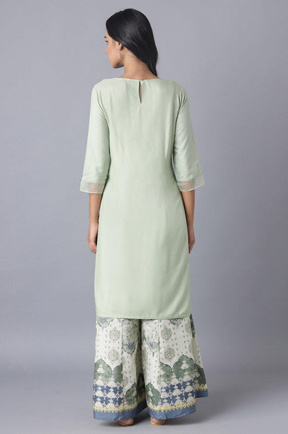 Sage Green Printed kurta with Organza Detail - wforwoman