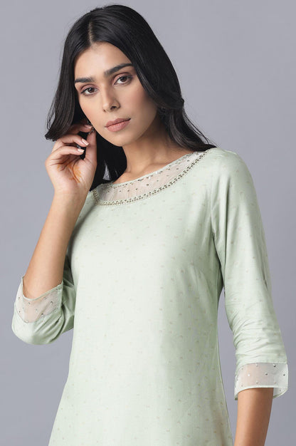 Sage Green Printed kurta with Organza Detail - wforwoman