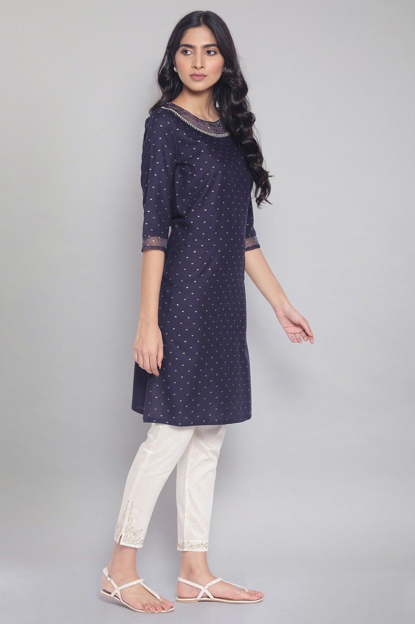 Navy Printed kurta with Organza Detail - wforwoman