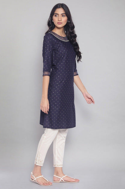 Navy Printed kurta with Organza Detail - wforwoman